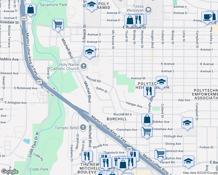 map of restaurants, bars, coffee shops, grocery stores, and more near 2101 Mc Kenzie Street in Fort Worth