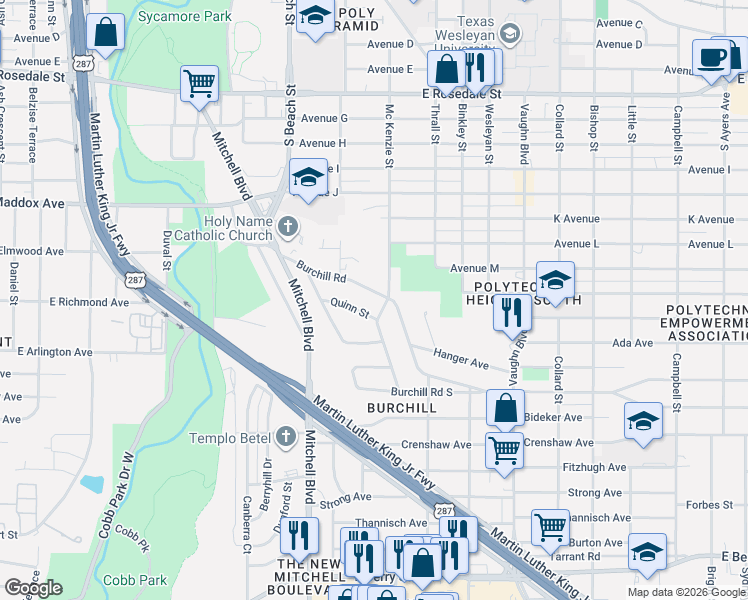 map of restaurants, bars, coffee shops, grocery stores, and more near 2101 Mc Kenzie Street in Fort Worth