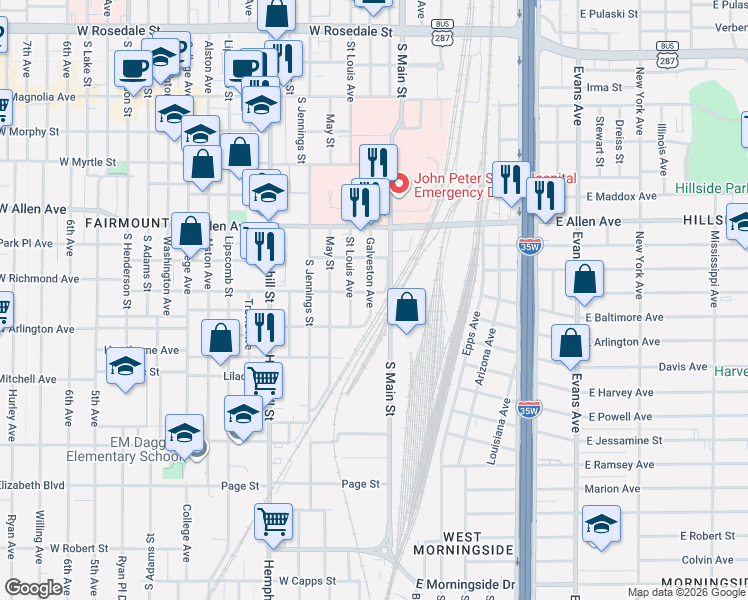 map of restaurants, bars, coffee shops, grocery stores, and more near 1820 Galveston Avenue in Fort Worth