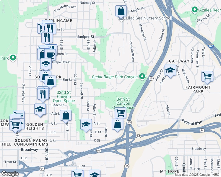 map of restaurants, bars, coffee shops, grocery stores, and more near 1726 Whaley Avenue in San Diego