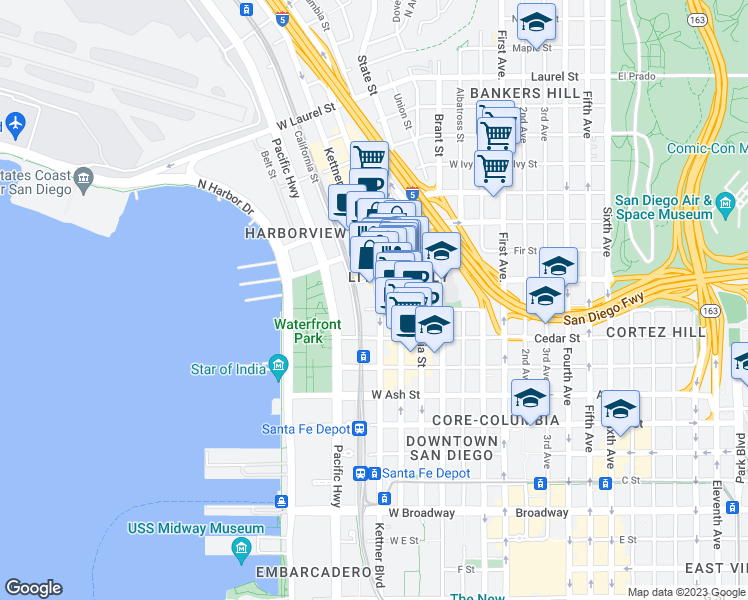 map of restaurants, bars, coffee shops, grocery stores, and more near 1750 Kettner Boulevard in San Diego