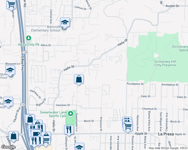 map of restaurants, bars, coffee shops, grocery stores, and more near in Spring Valley