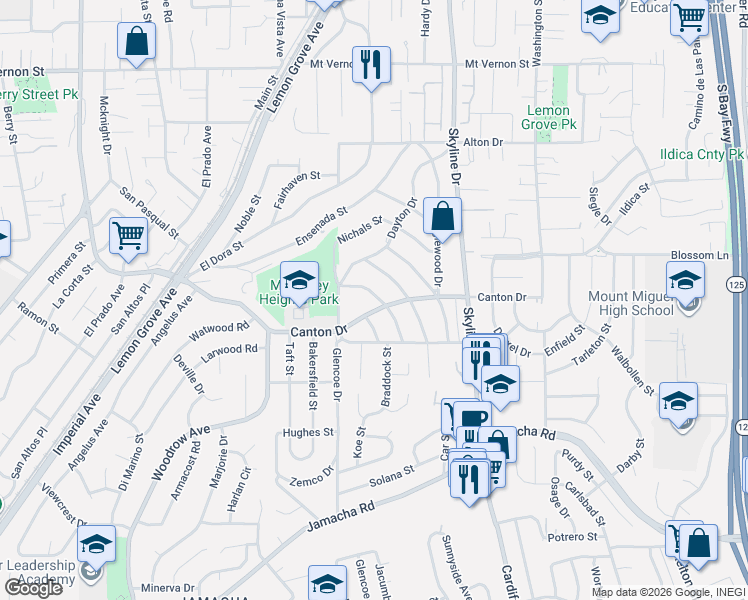 map of restaurants, bars, coffee shops, grocery stores, and more near 1740 Dupont Drive in Lemon Grove
