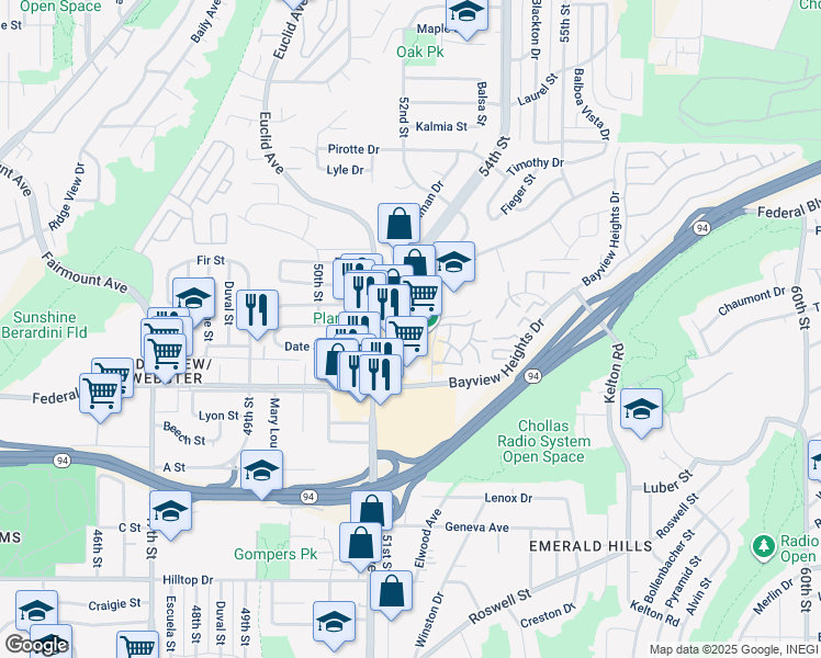 map of restaurants, bars, coffee shops, grocery stores, and more near 1745 Euclid Avenue in San Diego