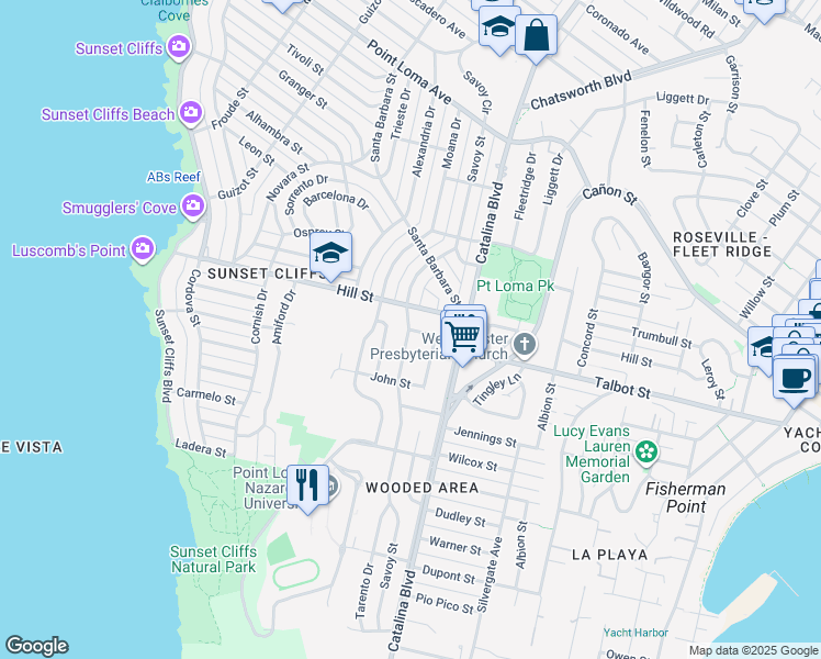 map of restaurants, bars, coffee shops, grocery stores, and more near Talbot St & Tarento Dr in San Diego