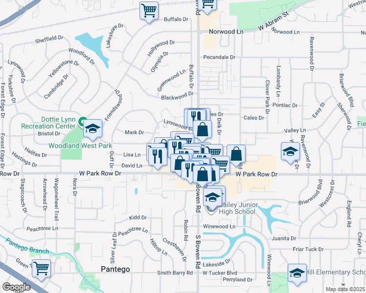 map of restaurants, bars, coffee shops, grocery stores, and more near 1222 South Bowen Road in Arlington