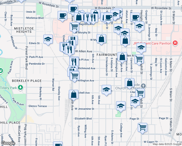 map of restaurants, bars, coffee shops, grocery stores, and more near 1901 Fairmount Avenue in Fort Worth