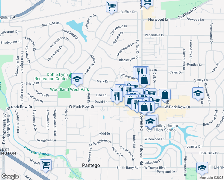 map of restaurants, bars, coffee shops, grocery stores, and more near 2903 Lynnwood Drive in Arlington
