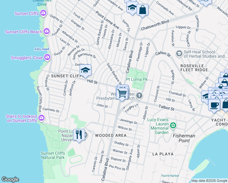 map of restaurants, bars, coffee shops, grocery stores, and more near 4124 Hill Street in San Diego