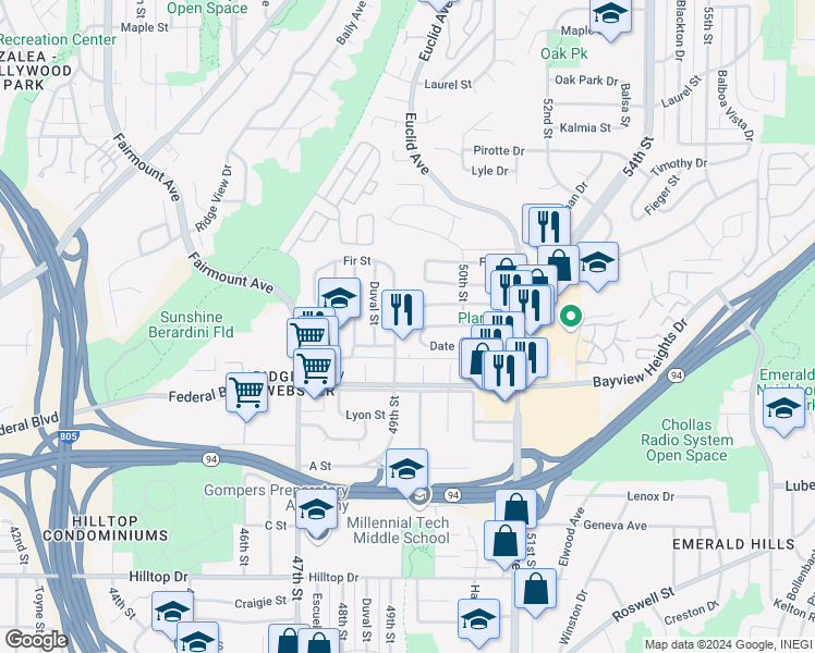 map of restaurants, bars, coffee shops, grocery stores, and more near 4915 Elm Street in San Diego