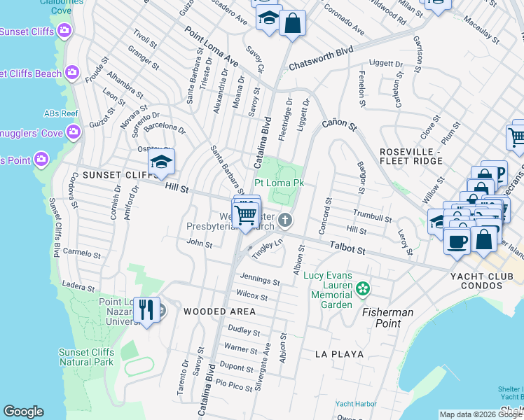 map of restaurants, bars, coffee shops, grocery stores, and more near Point St & Loma Way in San Diego