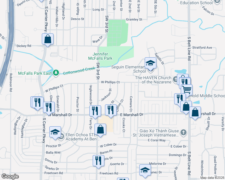 map of restaurants, bars, coffee shops, grocery stores, and more near 1605 Jackson Street in Grand Prairie