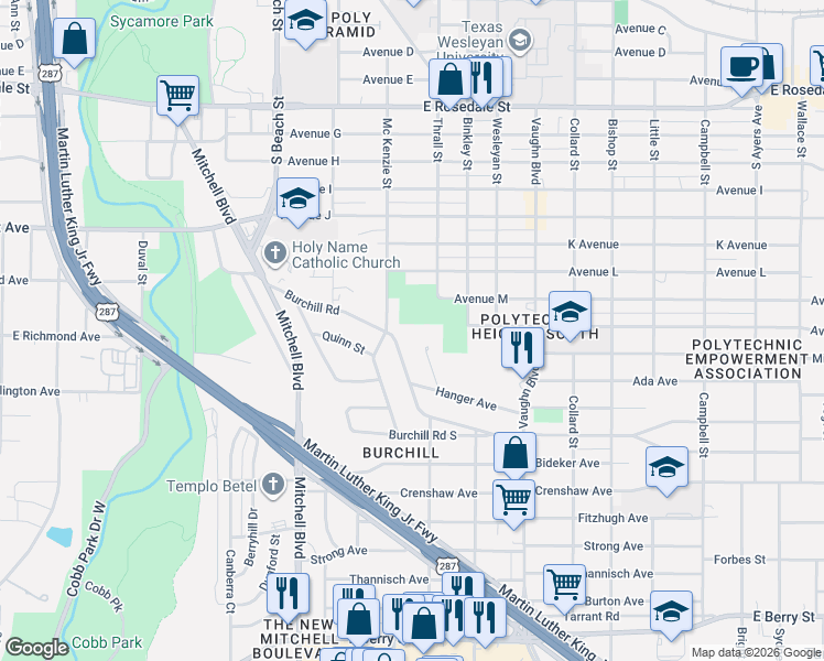 map of restaurants, bars, coffee shops, grocery stores, and more near 2201 Thrall Court in Fort Worth