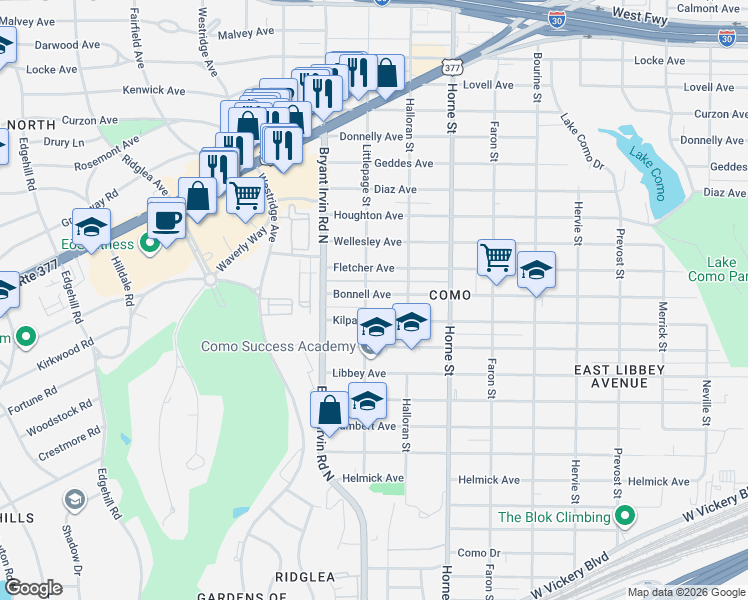 map of restaurants, bars, coffee shops, grocery stores, and more near 5833 Fletcher Avenue in Fort Worth