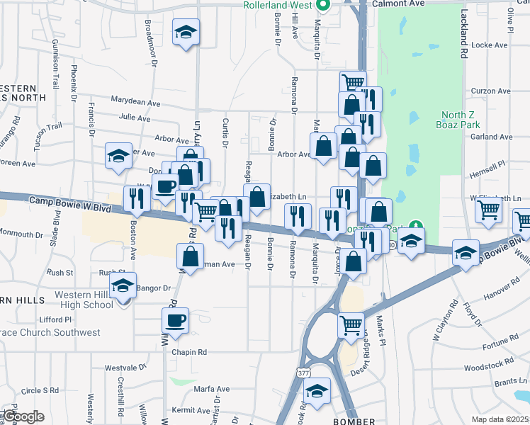 map of restaurants, bars, coffee shops, grocery stores, and more near 3301 Bonnie Drive in Fort Worth