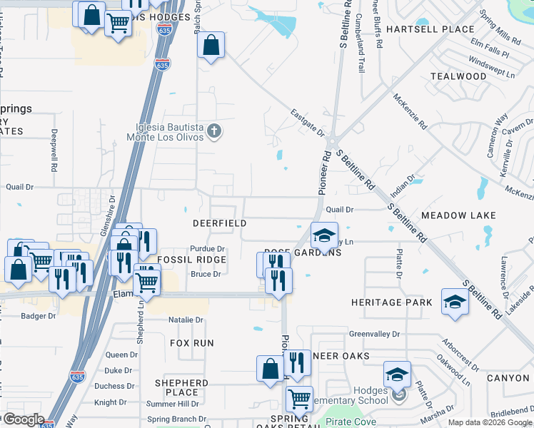 map of restaurants, bars, coffee shops, grocery stores, and more near 12921 Mitchell Drive in Balch Springs