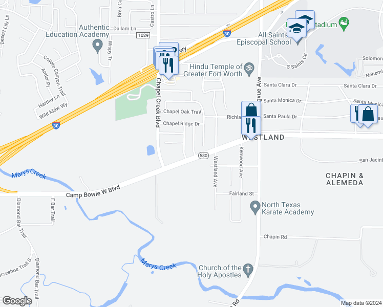 map of restaurants, bars, coffee shops, grocery stores, and more near 3368 Chapel Ridge Way in Fort Worth