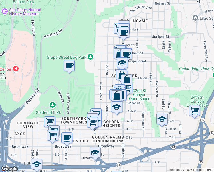 map of restaurants, bars, coffee shops, grocery stores, and more near 29th St & Date St in San Diego