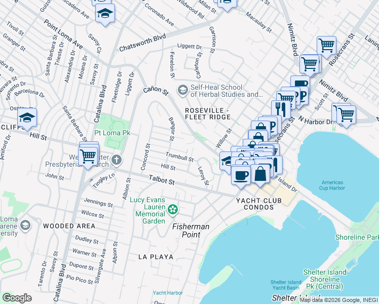 map of restaurants, bars, coffee shops, grocery stores, and more near 1122 Akron Street in San Diego