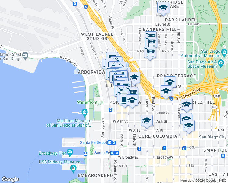 map of restaurants, bars, coffee shops, grocery stores, and more near 1774 Kettner Boulevard in San Diego