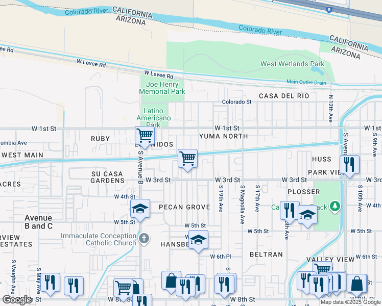 map of restaurants, bars, coffee shops, grocery stores, and more near West Main Street in Yuma