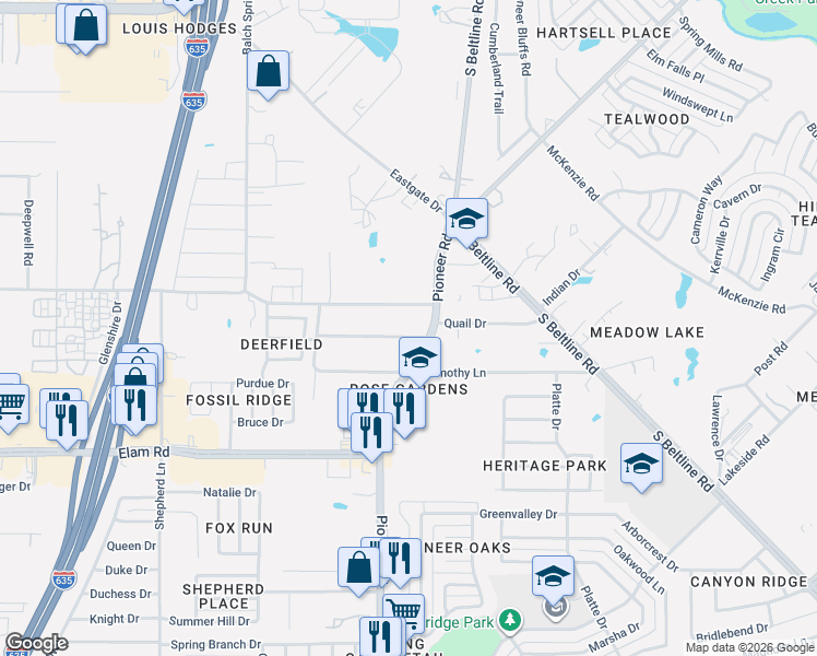 map of restaurants, bars, coffee shops, grocery stores, and more near 13016 Quail Drive in Balch Springs