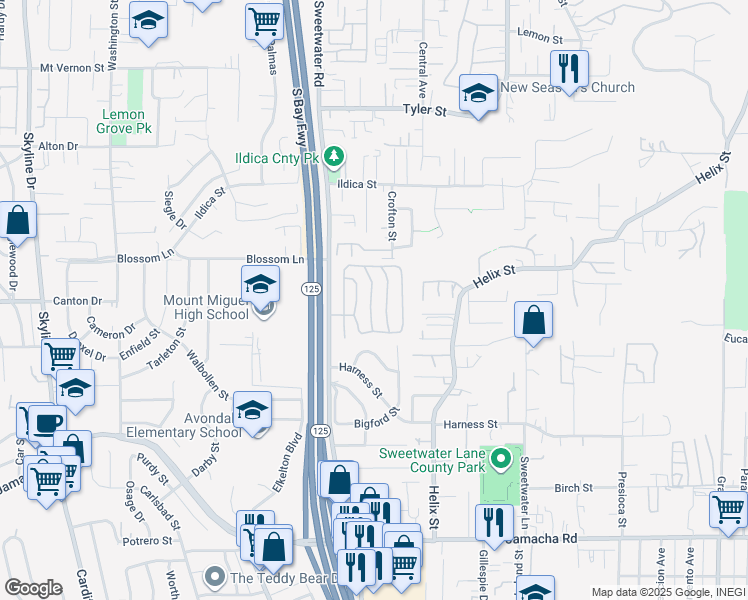 map of restaurants, bars, coffee shops, grocery stores, and more near 1815 Sweetwater Road in Spring Valley