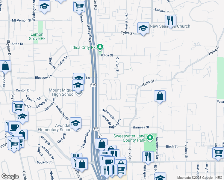 map of restaurants, bars, coffee shops, grocery stores, and more near 1815 Sweetwater Road in Spring Valley