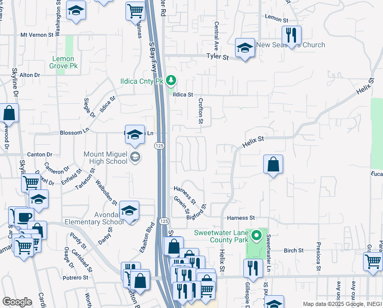 map of restaurants, bars, coffee shops, grocery stores, and more near 1815 Sweetwater Road in Spring Valley