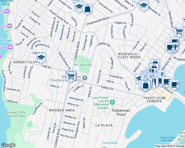 map of restaurants, bars, coffee shops, grocery stores, and more near 1056 Albion Street in San Diego