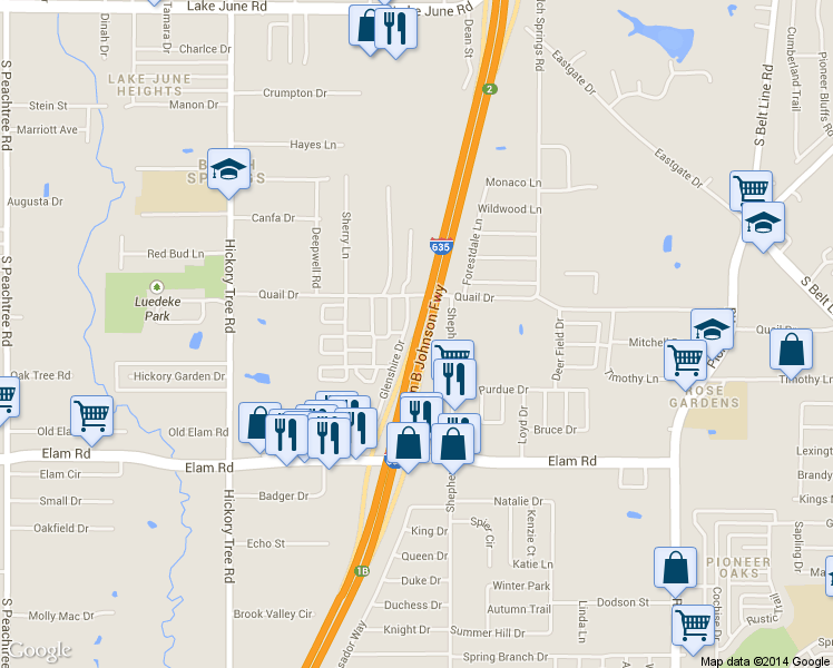map of restaurants, bars, coffee shops, grocery stores, and more near 32999 Lyndon B Johnson Freeway in Balch Springs