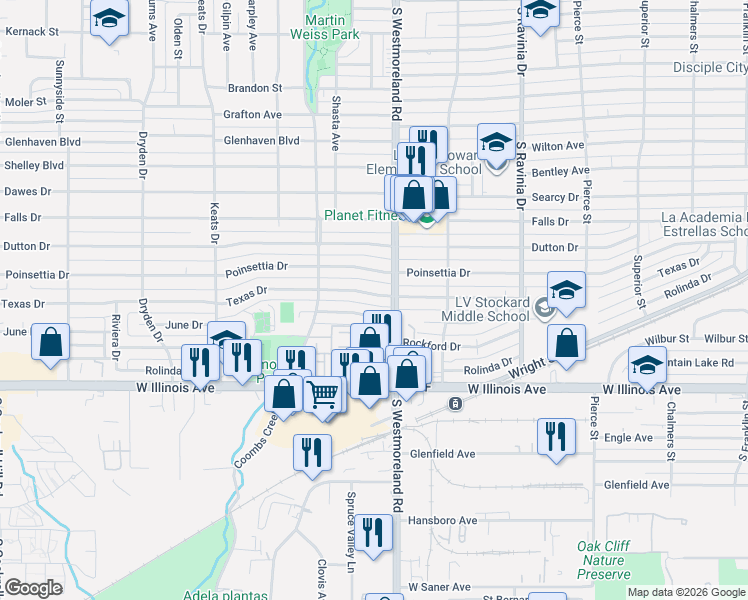 map of restaurants, bars, coffee shops, grocery stores, and more near 3303 Texas Drive in Dallas