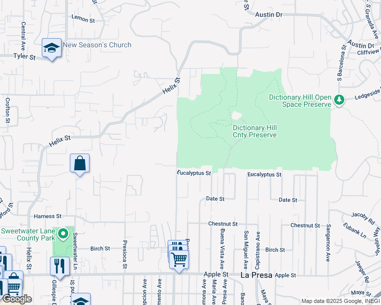 map of restaurants, bars, coffee shops, grocery stores, and more near 1762 Grand Avenue in Spring Valley