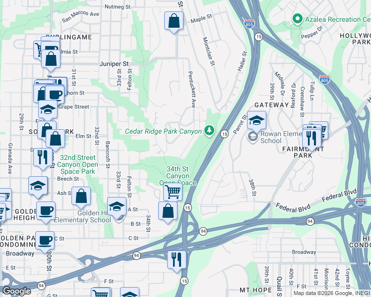 map of restaurants, bars, coffee shops, grocery stores, and more near 1737 Petra Drive in San Diego