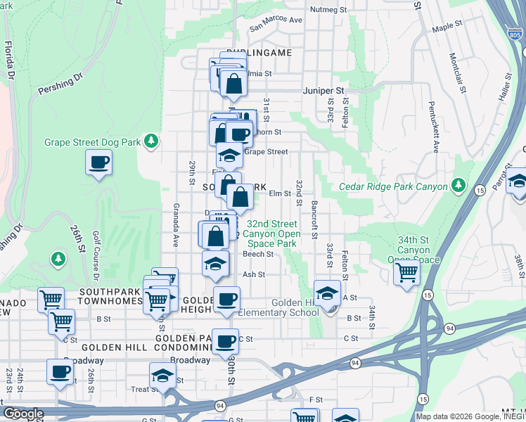 map of restaurants, bars, coffee shops, grocery stores, and more near 1739 31st Street in San Diego