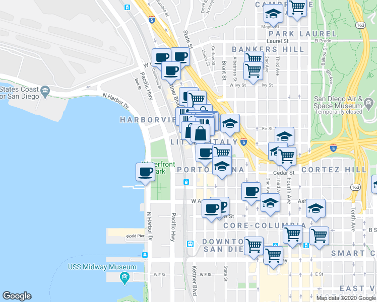 map of restaurants, bars, coffee shops, grocery stores, and more near 1774 Kettner Boulevard in San Diego