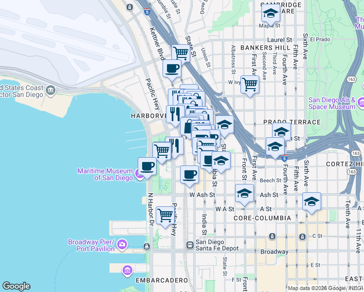map of restaurants, bars, coffee shops, grocery stores, and more near 1905 Pacific Highway in San Diego