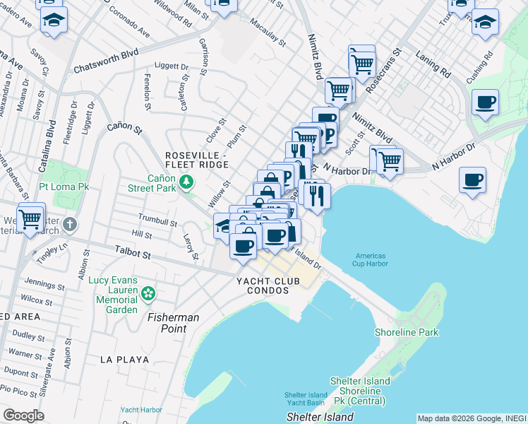 map of restaurants, bars, coffee shops, grocery stores, and more near 1270 Locust Street in San Diego
