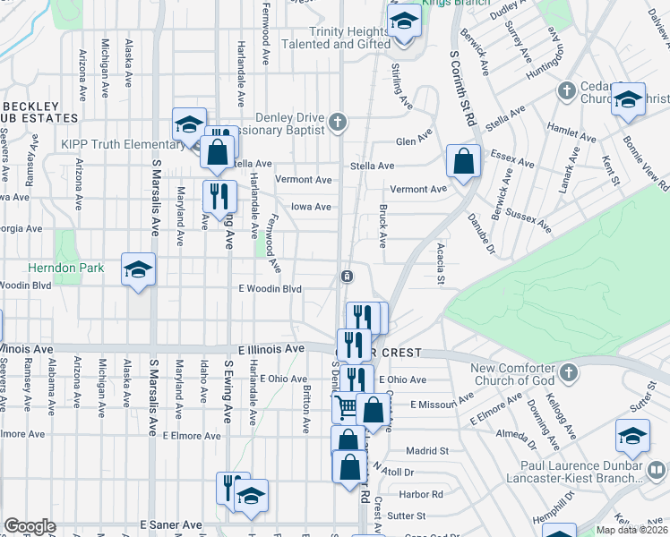map of restaurants, bars, coffee shops, grocery stores, and more near 1922 South Denley Drive in Dallas