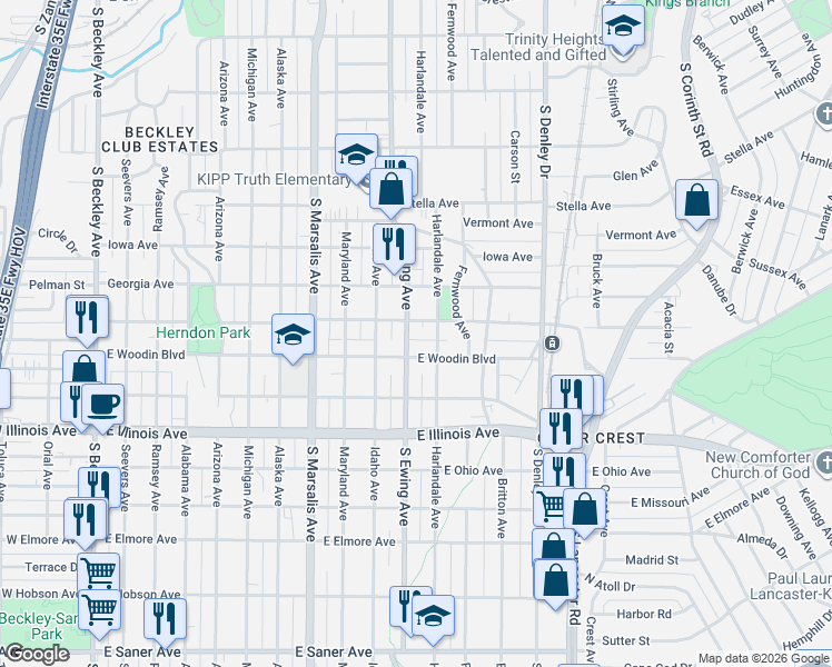 map of restaurants, bars, coffee shops, grocery stores, and more near 1927 Harlandale Avenue in Dallas