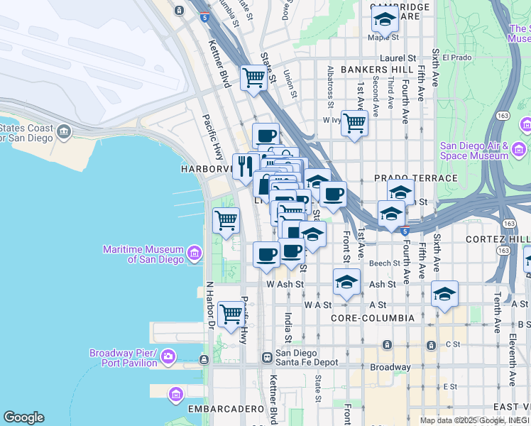 map of restaurants, bars, coffee shops, grocery stores, and more near 1750 Kettner Boulevard in San Diego