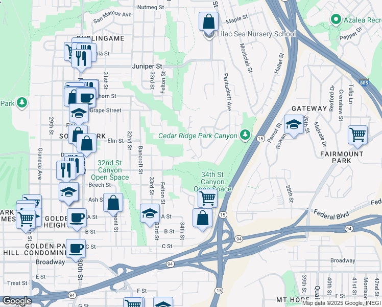map of restaurants, bars, coffee shops, grocery stores, and more near 1726 Whaley Avenue in San Diego