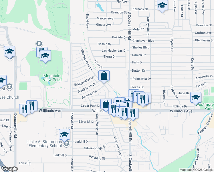 map of restaurants, bars, coffee shops, grocery stores, and more near 2208 Western Park Drive in Dallas