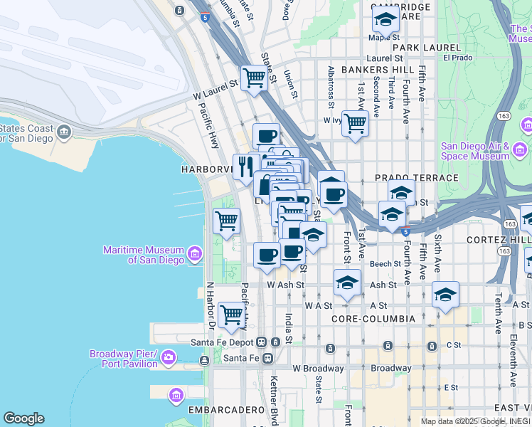 map of restaurants, bars, coffee shops, grocery stores, and more near 1780 Kettner Boulevard in San Diego