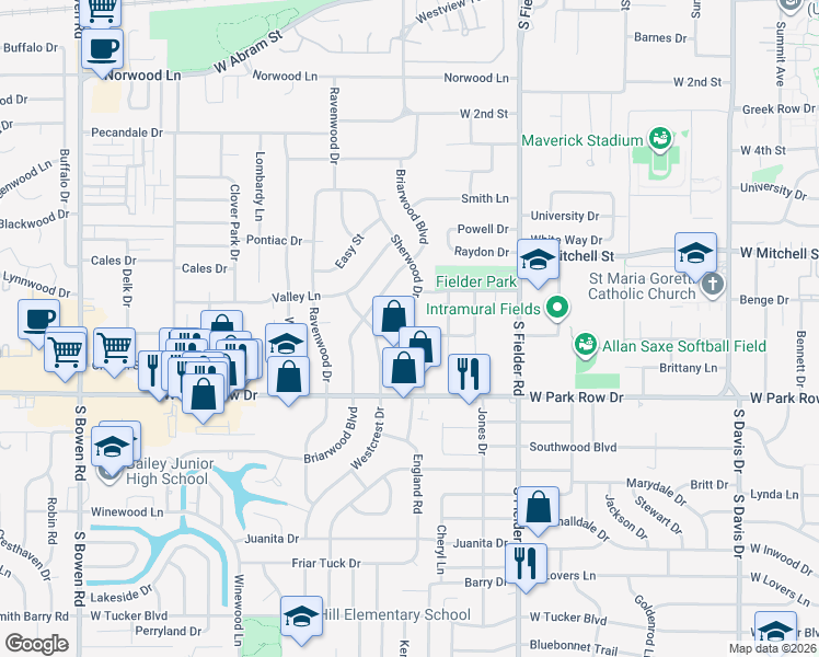 map of restaurants, bars, coffee shops, grocery stores, and more near 1105 Sherwood Drive in Arlington