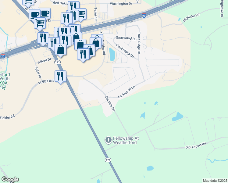 map of restaurants, bars, coffee shops, grocery stores, and more near 308 Paloma St in Weatherford