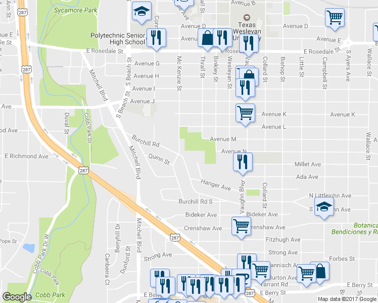 map of restaurants, bars, coffee shops, grocery stores, and more near 2201 Thrall Court in Fort Worth