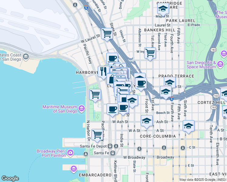 map of restaurants, bars, coffee shops, grocery stores, and more near 1774 Kettner Boulevard in San Diego