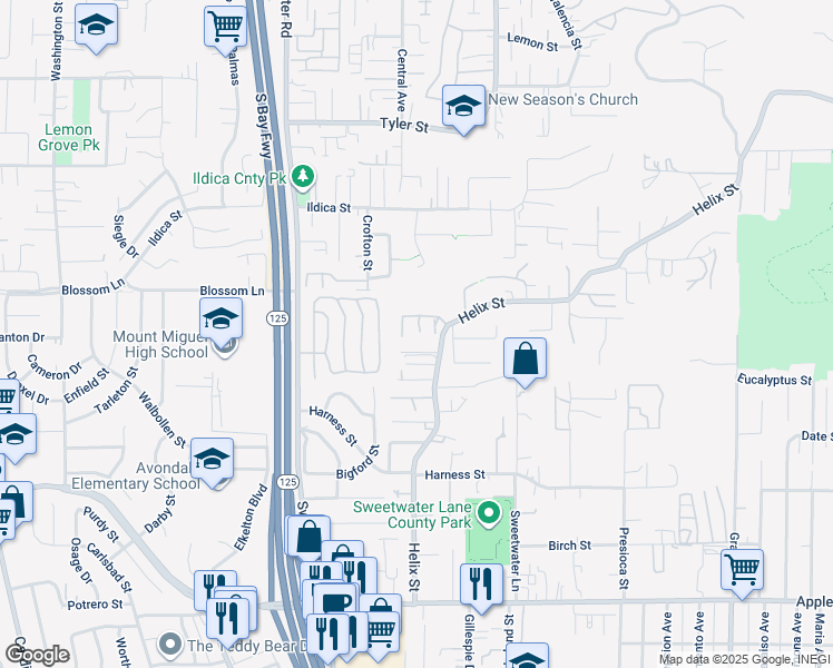 map of restaurants, bars, coffee shops, grocery stores, and more near 8763 Vista Del Oro Way in Spring Valley