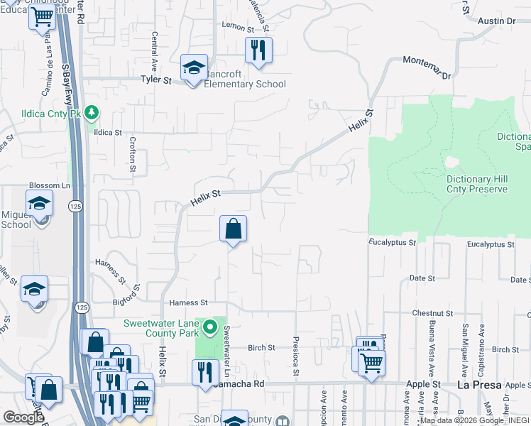 map of restaurants, bars, coffee shops, grocery stores, and more near 2163 Helix Street in Spring Valley